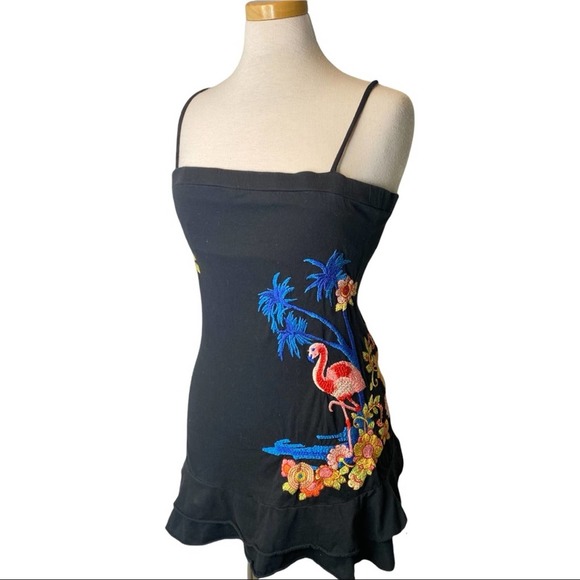 JW LA Johnny Was Embroidered Flamingo Sleeveless Y2K Mini Dress